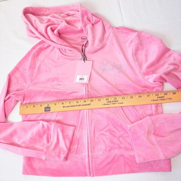 Juicy Couture rose Velour Tracksuit Pink Rhinestone Hoodie Pants Set Large - Picture 4 of 8